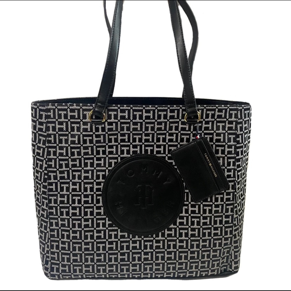 NEW TOMMY HILFIGER TOTE PURSE + WALLET NWT Shopper Bag Black White Geometric
